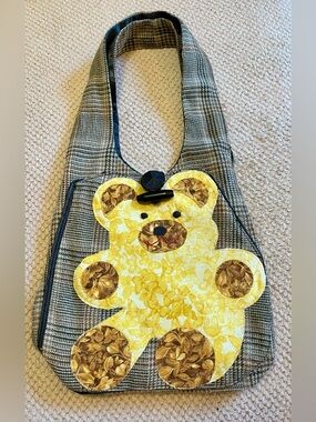 Houndstooth Fabric Handbag Yellow Teddy Bear Applique handmade one of a kind